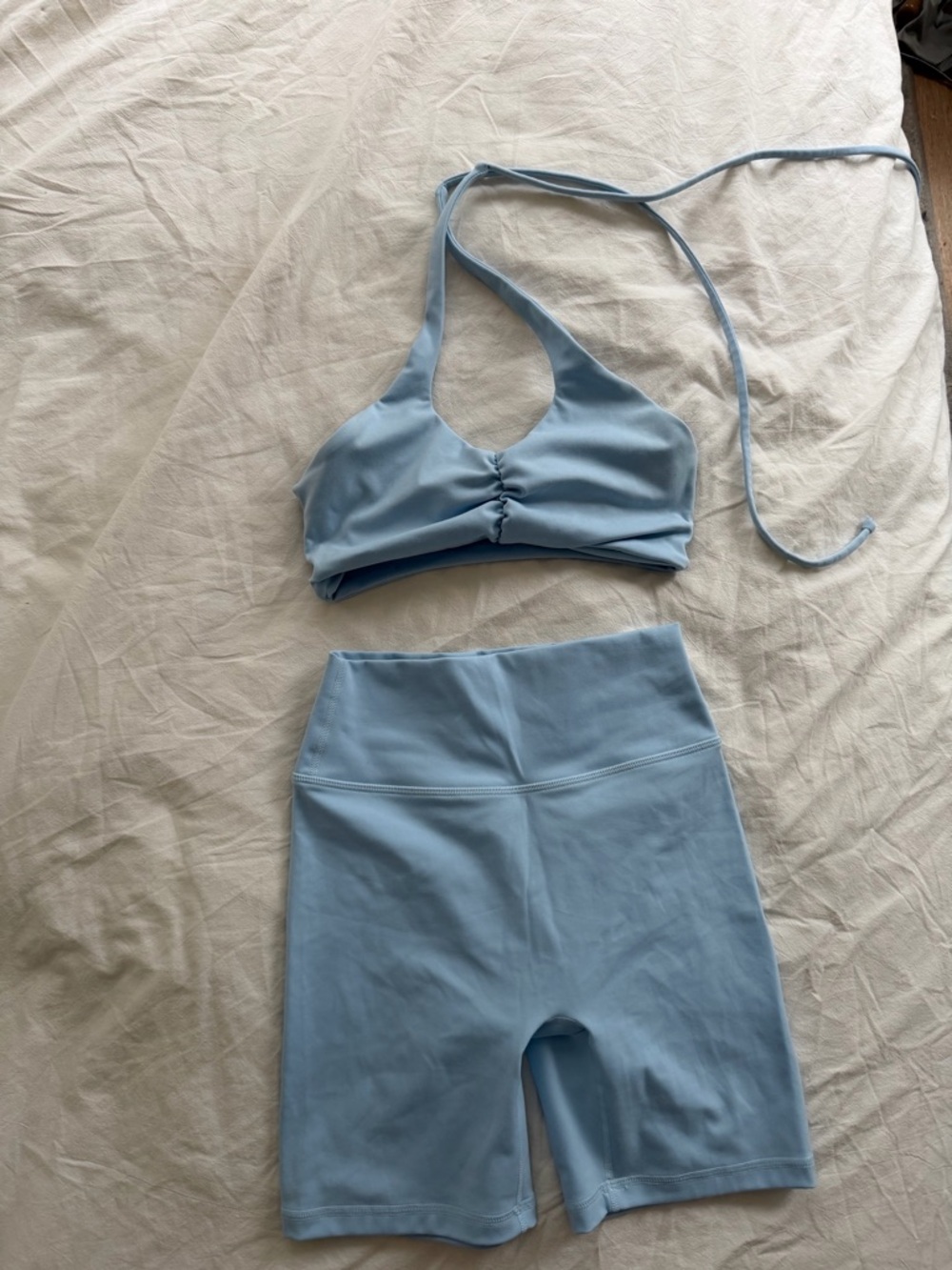 Elite Eleven Light Blue Active Halter Sports Bra and High-Waist Biker Shorts Set